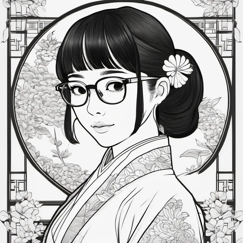 Black hair, round glasses, silk qipao had short black hair and a pair of round glasses