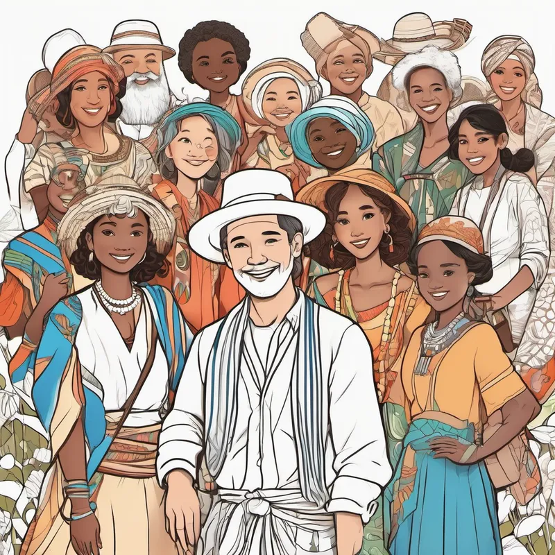 Colorful clothes, different skin colors, happy faces with different skin colors and accessories from their country