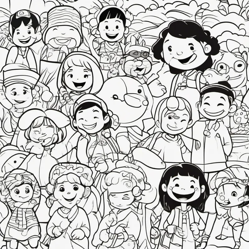 Colorful clothes, different skin colors, happy faces smiling and coloring happily with crayons