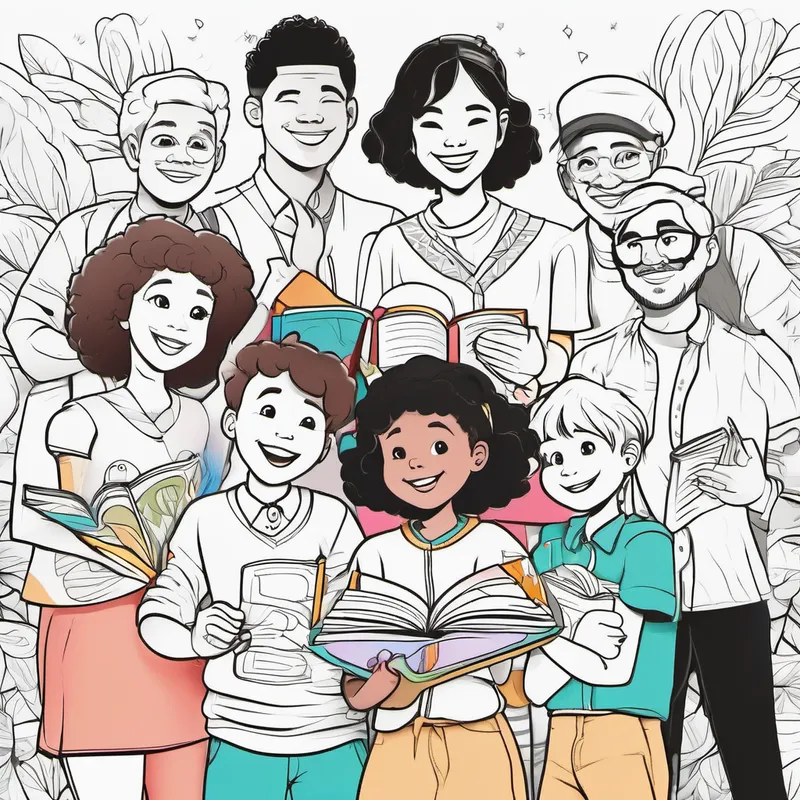 Colorful clothes, different skin colors, happy faces holding the coloring book and feeling proud of themselves