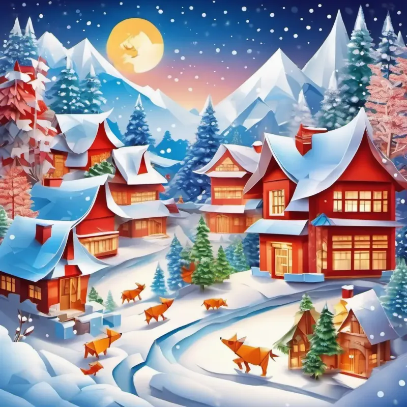 Picture a cozy village covered in snow. Short, with red hair and blue eyes, always smiling and Big and strong, with blonde hair and a wide grin are happily packing gifts, with wild boars running around.