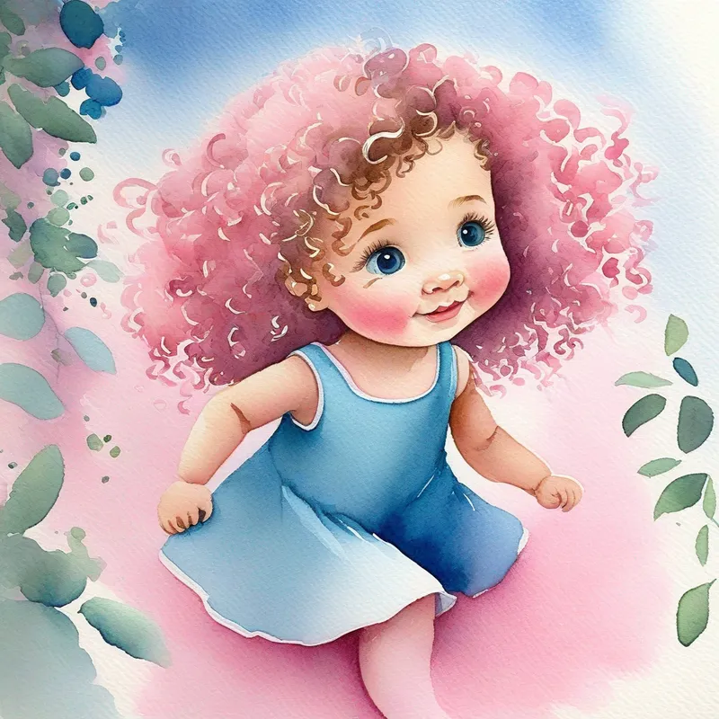A cute girl with curly hair and a pink dress crawling on a blue carpet