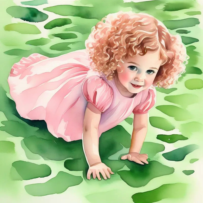 A cute girl with curly hair and a pink dress crawling on a green floor