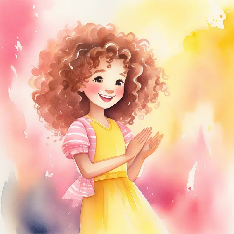 A cute girl with curly hair and a pink dress's A loving woman with long brown hair, wearing a yellow shirt smiling and clapping hands