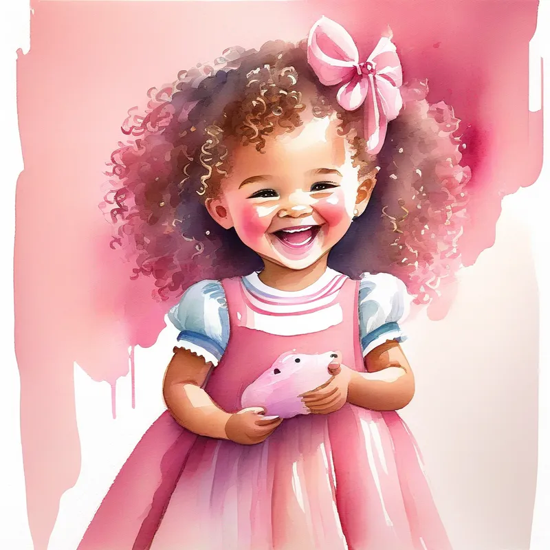 A cute girl with curly hair and a pink dress laughing and holding her toy