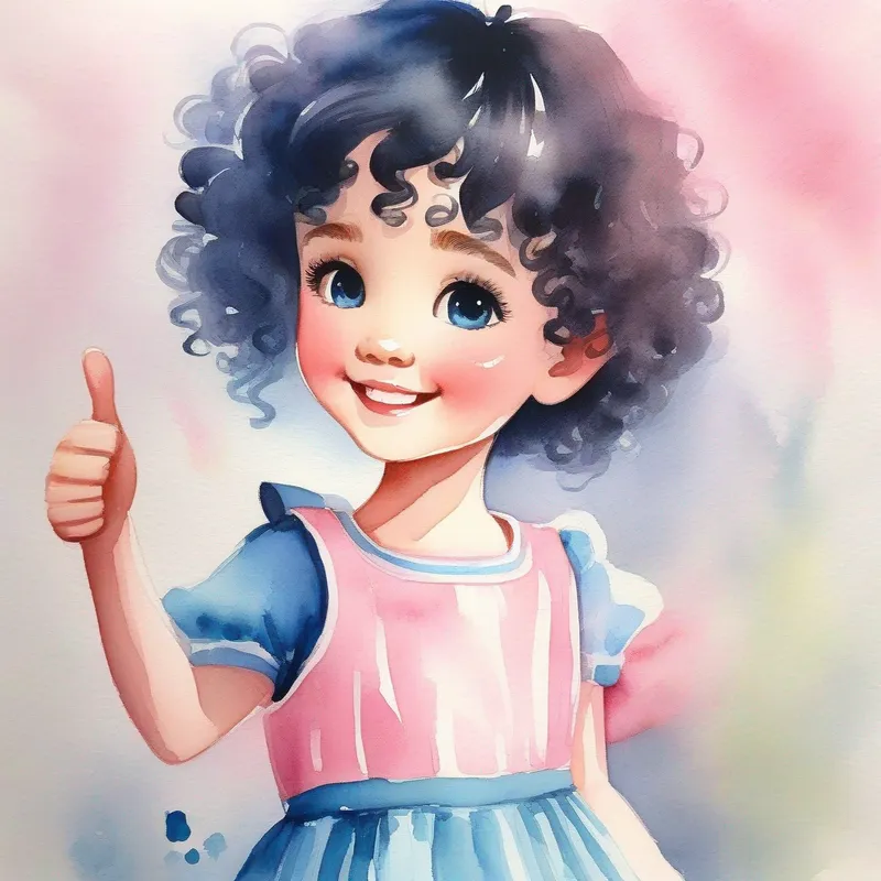 A cute girl with curly hair and a pink dress's A proud man with short black hair, wearing a blue shirt giving a thumbs up