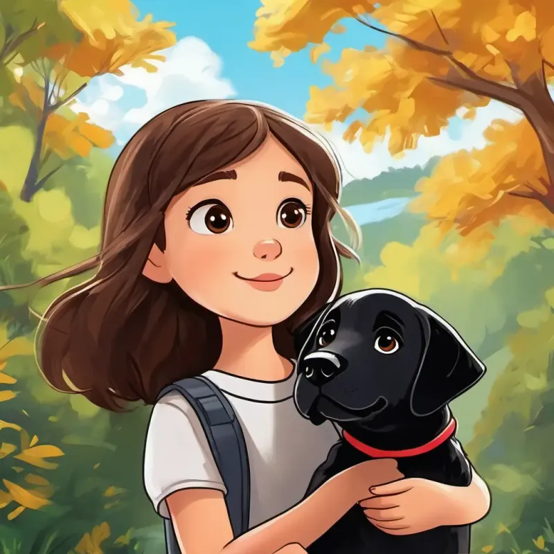 Avery has brown hair and is three years old with brown hair and skinny rode on her big black lab named Roo is a big black lab who loves going on adventures