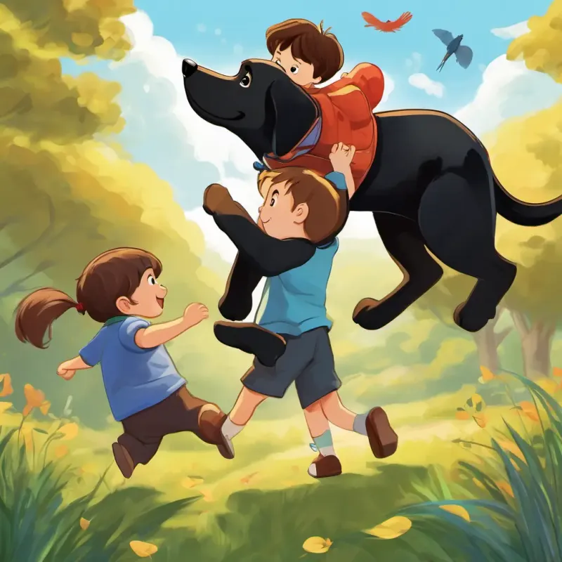 Avery has brown hair and is three years old and Roo is a big black lab who loves going on adventures met Finley is a flying one-year-old boy who is Avery's sidekick, a flying one-year-old boy