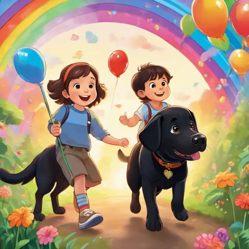 Avery has brown hair and is three years old, Roo is a big black lab who loves going on adventures, and Finley is a flying one-year-old boy who is Avery's sidekick on a mission to find candy at the end of a rainbow