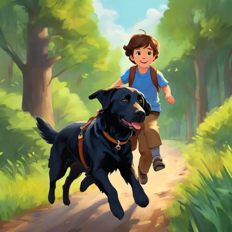 Avery has brown hair and is three years old riding on Roo is a big black lab who loves going on adventures's back with Finley is a flying one-year-old boy who is Avery has brown hair and is three years old's sidekick flying beside them