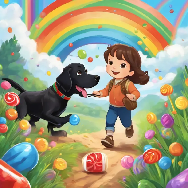 Avery has brown hair and is three years old, Roo is a big black lab who loves going on adventures, and Finley is a flying one-year-old boy who is Avery's sidekick finding a big jar of colorful candy at the end of the rainbow