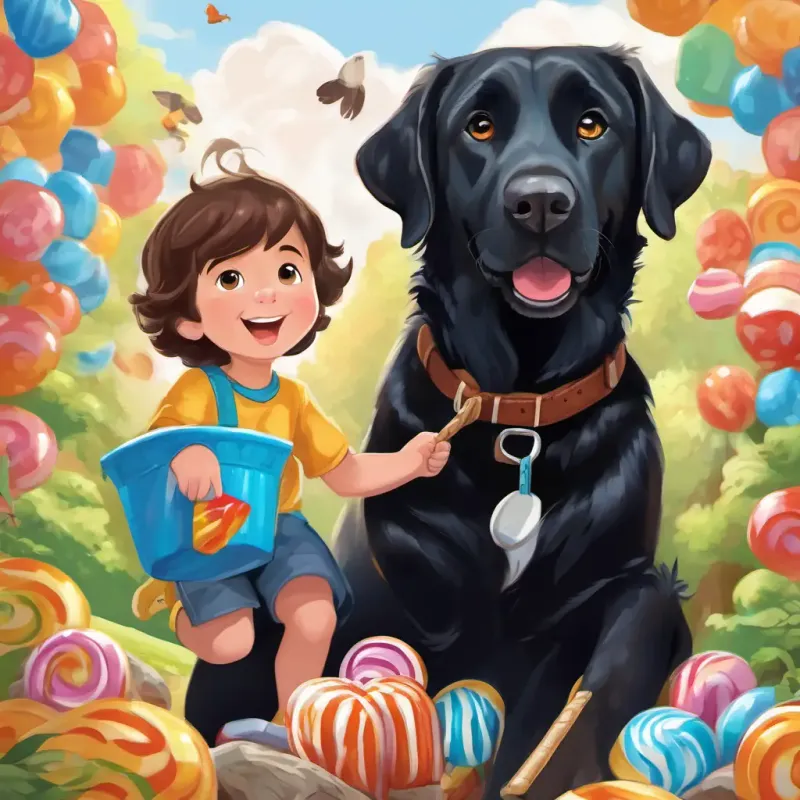 Avery has brown hair and is three years old, Roo is a big black lab who loves going on adventures, and Finley is a flying one-year-old boy who is Avery's sidekick happily enjoying the candy together