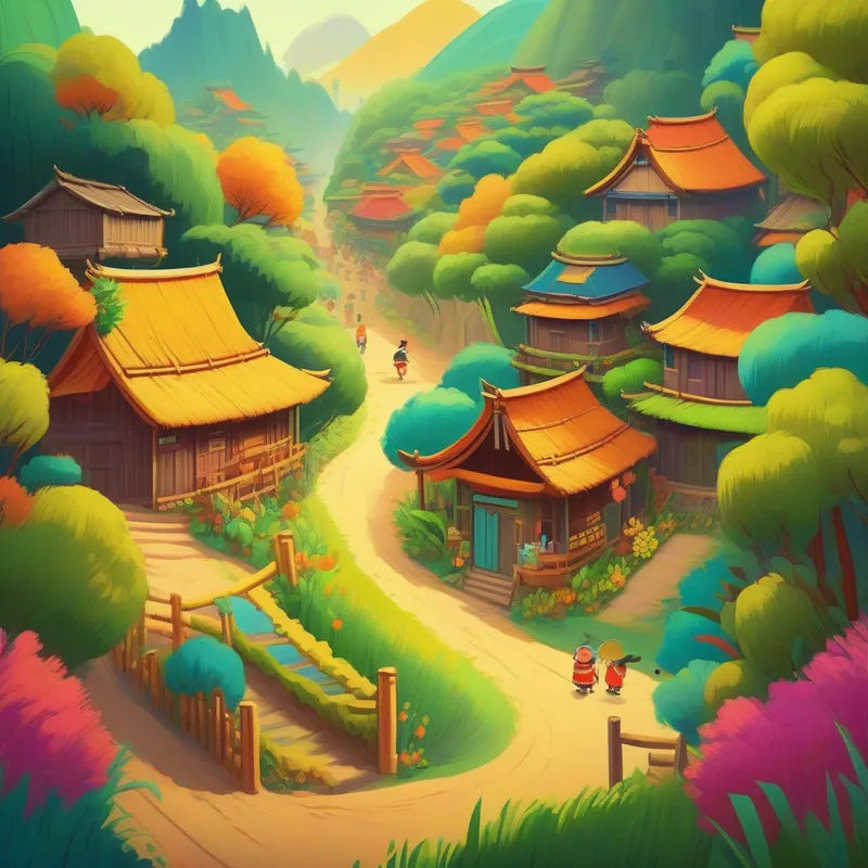 A colorful village with smiling characters and bamboo huts.