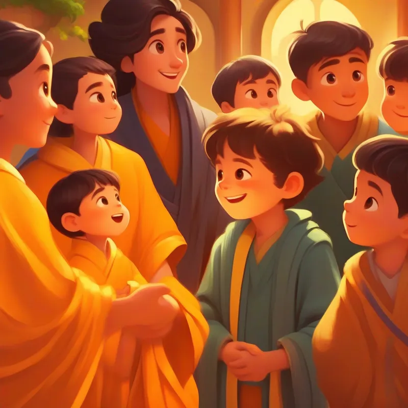 A little boy with bright eyes, wearing a yellow robe and a curious expression.'s family listening to A wise teacher with a serene smile, wearing orange robes and flowing hair.'s teachings with happy expressions.