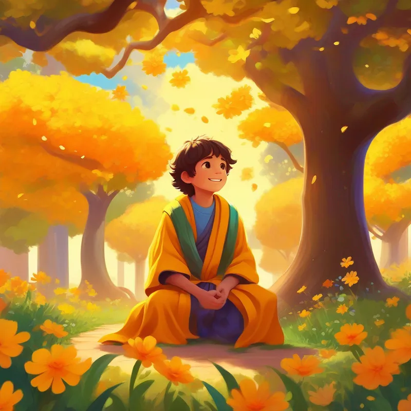 A little boy with bright eyes, wearing a yellow robe and a curious expression. sitting under a tree, surrounded by colorful flowers and listening to A wise teacher with a serene smile, wearing orange robes and flowing hair..