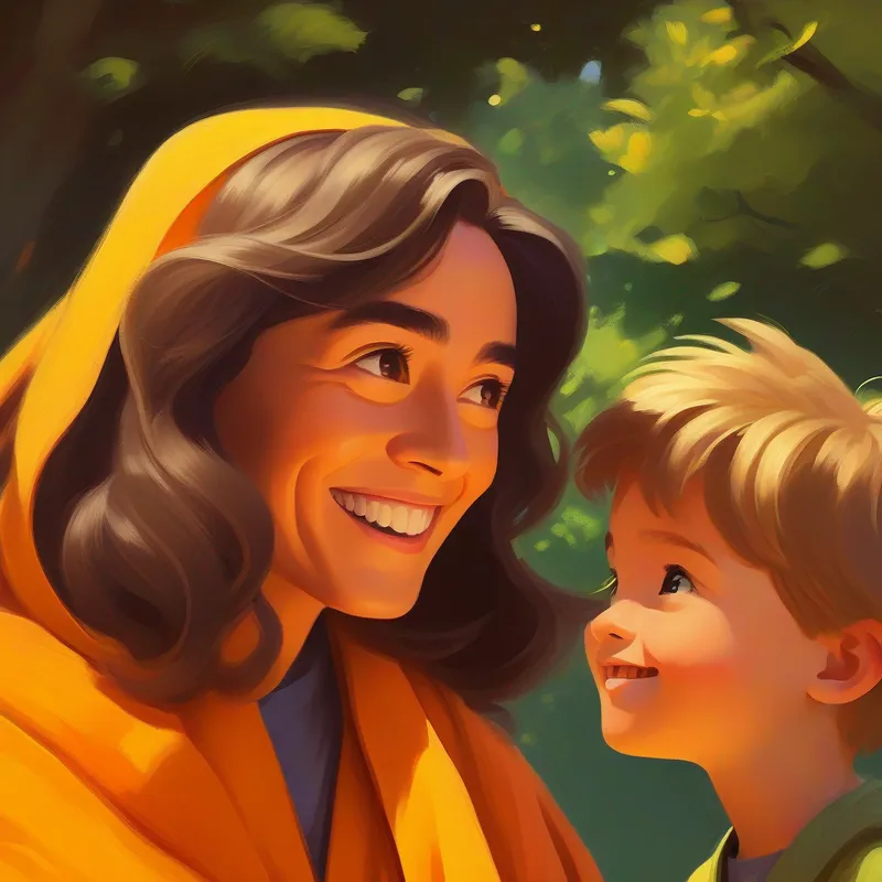 A wise teacher with a serene smile, wearing orange robes and flowing hair. and A little boy with bright eyes, wearing a yellow robe and a curious expression. having a conversation, with sunny smiles and vibrant robes.