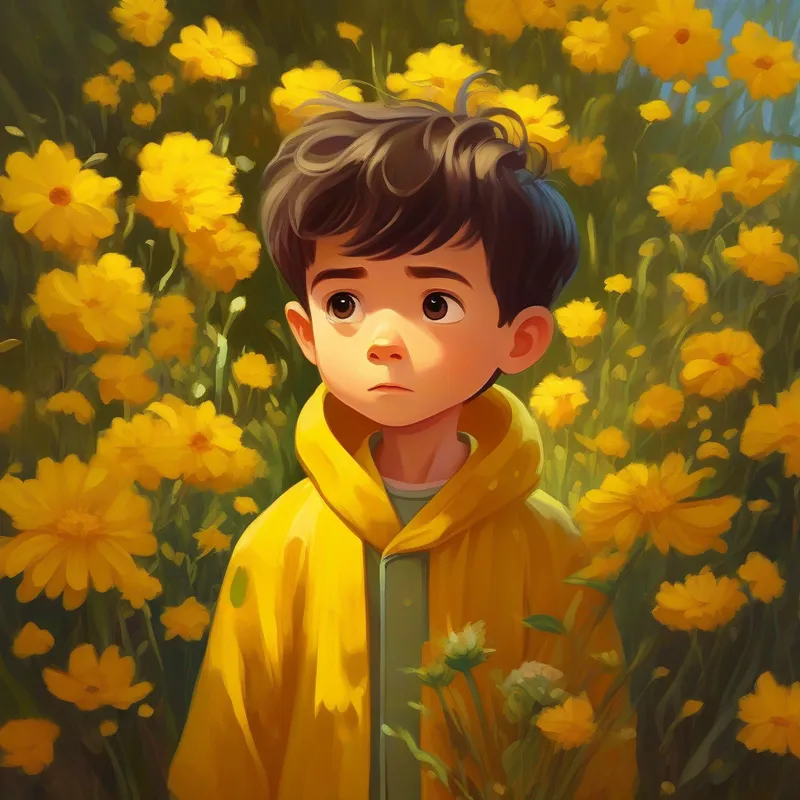 A little boy with bright eyes, wearing a yellow robe and a curious expression. observing blooming flowers and a wilted one, representing life's changes.
