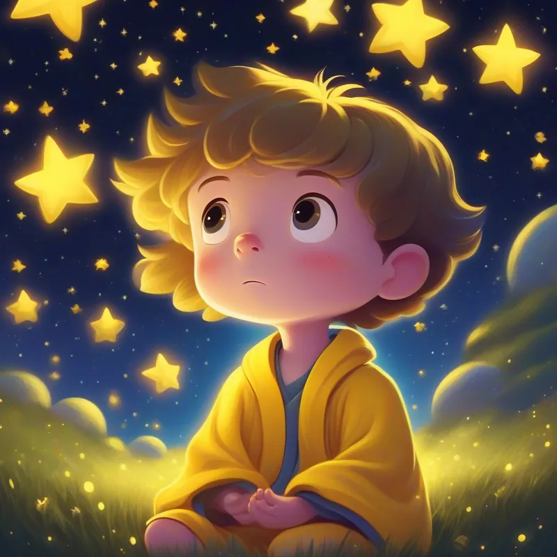 A little boy with bright eyes, wearing a yellow robe and a curious expression. meditating under a moonlit sky, surrounded by stars and a peaceful aura.