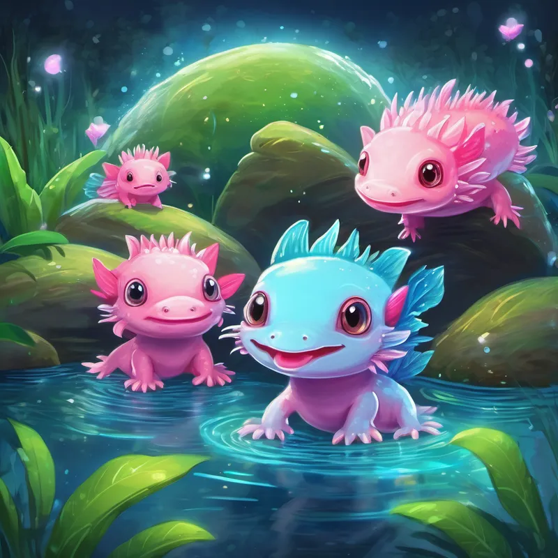 The story begins in a sparkling river. Blue axolotl with bright eyes, Pink axolotl with a friendly smile, and Green axolotl with a curious expression are introduced as curious and adventurous axolotls.