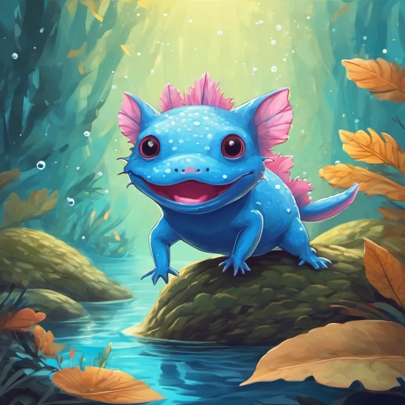 Blue axolotl with bright eyes is a blue axolotl who enjoys swimming and playing hide-and-seek. He builds his house with dry leaves.