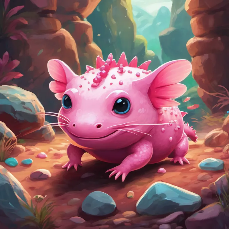 Pink axolotl with a friendly smile is a pink axolotl who collects colorful rocks. She builds her house with stones and pebbles.