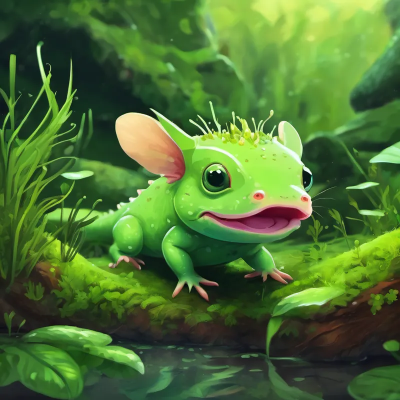 Green axolotl with a curious expression is a green axolotl who likes to dig and explore. He builds his house with mud and moss.