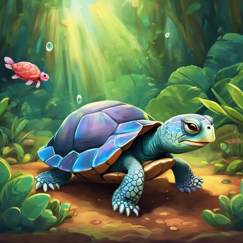Sly turtle with a mischievous grin the turtle is introduced as a crafty character who wants to have some fun with the axolotls.