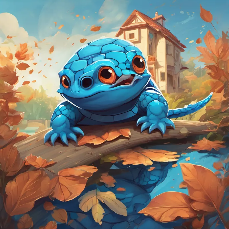 Sly turtle with a mischievous grin blows a gust of wind, and Blue axolotl with bright eyes's house made of dry leaves collapses. Blue axolotl with bright eyes realizes his mistake.