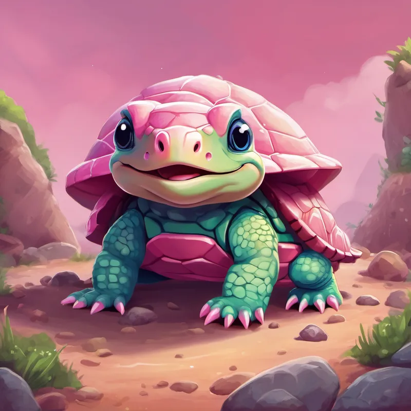 Sly turtle with a mischievous grin tries to rock Pink axolotl with a friendly smile's house made of stones and pebbles but fails. Sly turtle with a mischievous grin realizes that Pink axolotl with a friendly smile's house is strong.
