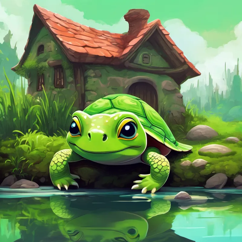 Sly turtle with a mischievous grin attempts to break Green axolotl with a curious expression's house made of mud and moss but fails. Sly turtle with a mischievous grin realizes that Green axolotl with a curious expression's house is the best.