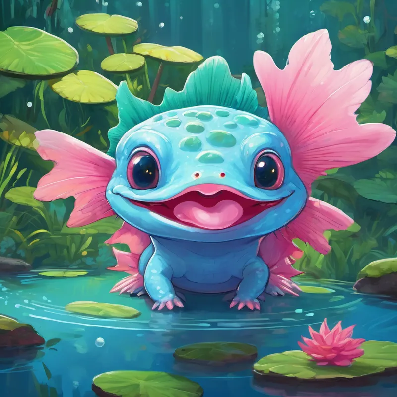 The story concludes with Blue axolotl with bright eyes, Pink axolotl with a friendly smile, and Green axolotl with a curious expression living happily and reminding Sly turtle with a mischievous grin of their cleverness.