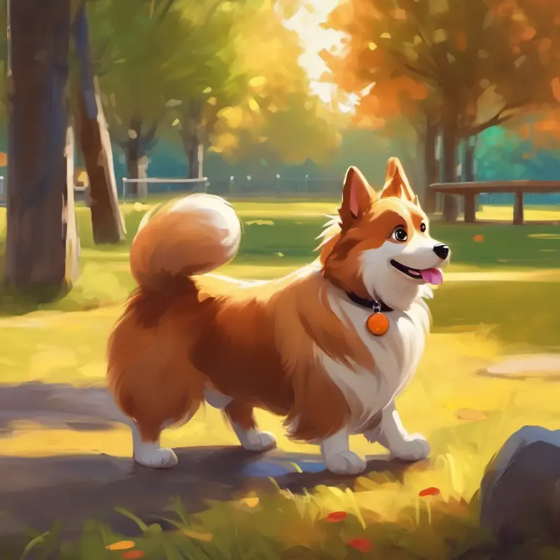 Brown fur, big round eyes, wagging tail, happy with his shiny bone toy in a bright and colorful dog park.