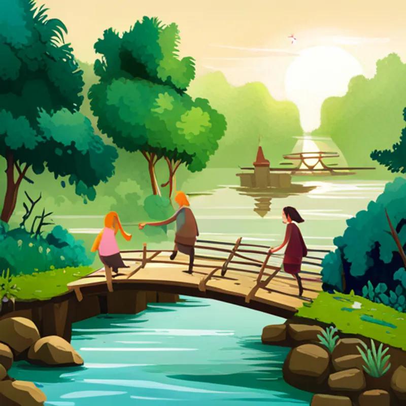 Careful with long golden hair and determined blue eyes building a makeshift bridge across a river