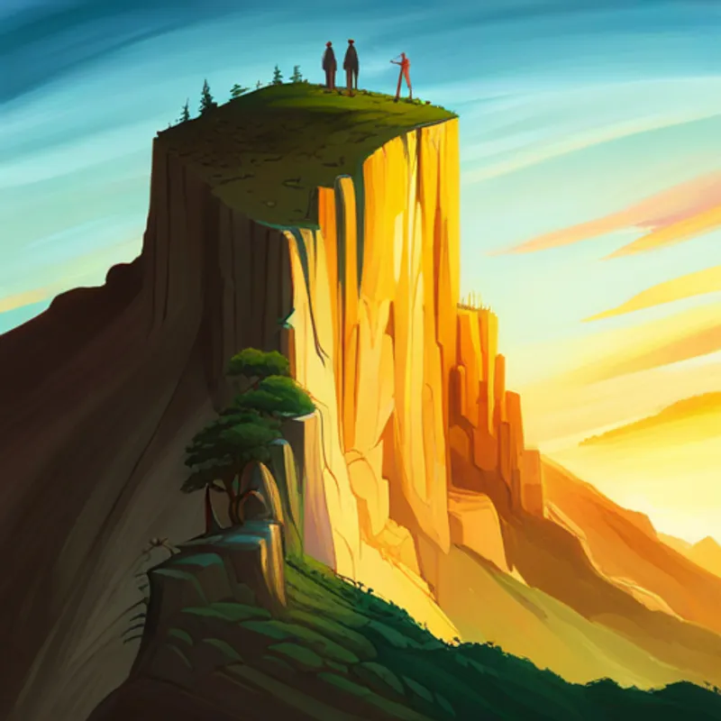 Careful with long golden hair and determined blue eyes climbing a tall mountain with determination