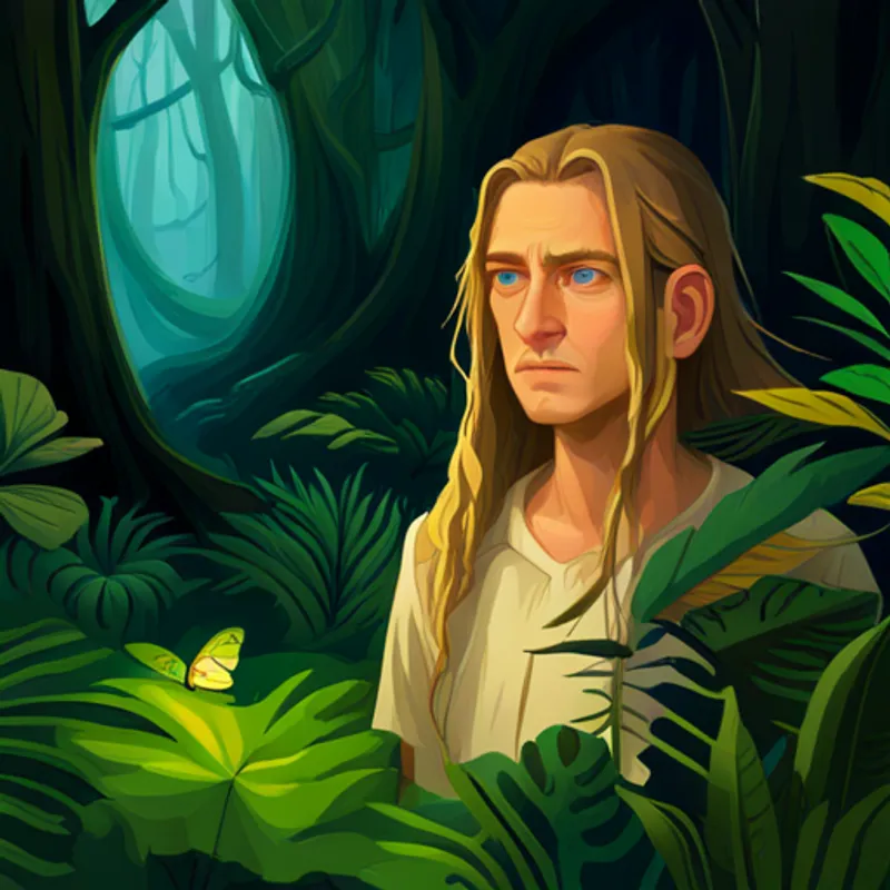 Careful with long golden hair and determined blue eyes skillfully navigating through a dense jungle