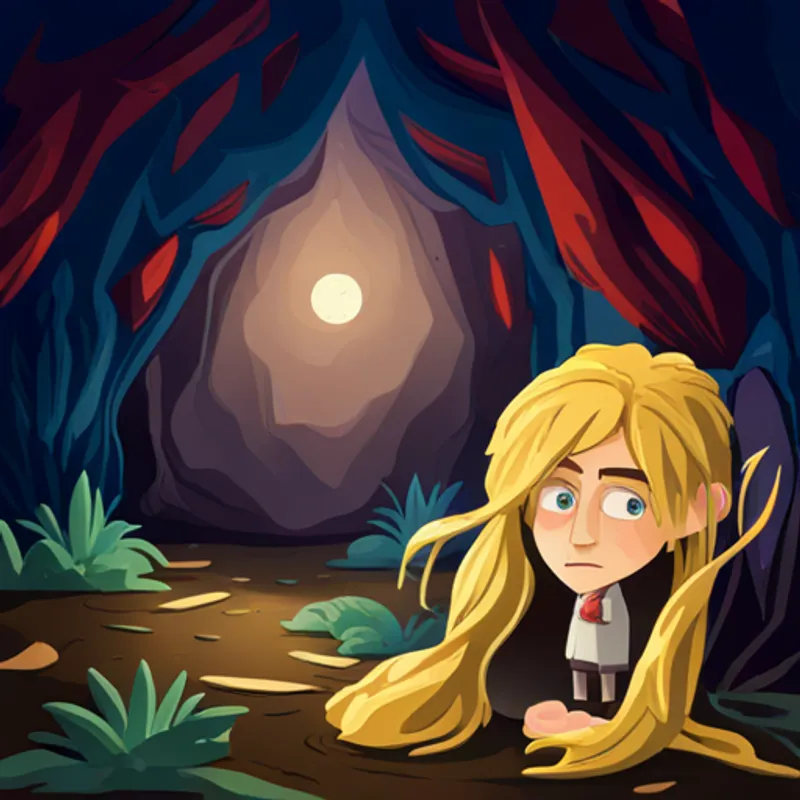 Careful with long golden hair and determined blue eyes finding the hidden treasure in a dim cave