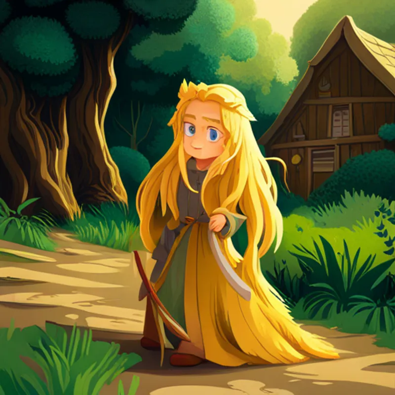 Careful with long golden hair and determined blue eyes returning to the village with the treasure