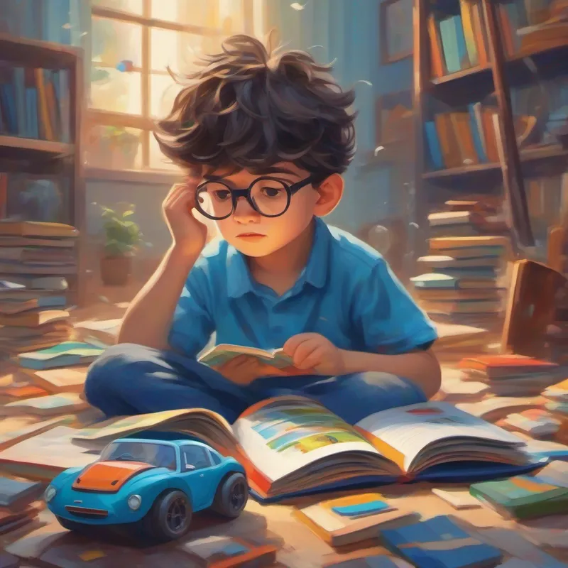Boy with autism, kind, wears glasses, blue shirt, messy hair playing with cars, reading books, feeling overwhelmed and frustrated.