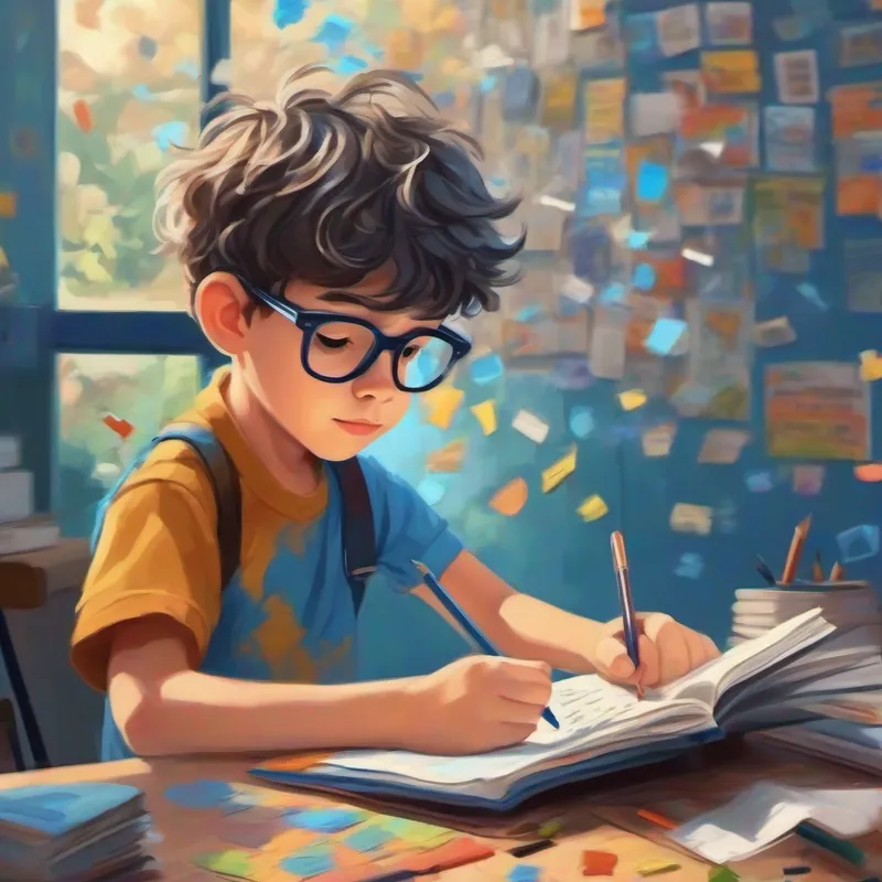 Boy with autism, kind, wears glasses, blue shirt, messy hair with his special notebook, drawing and using stickers.