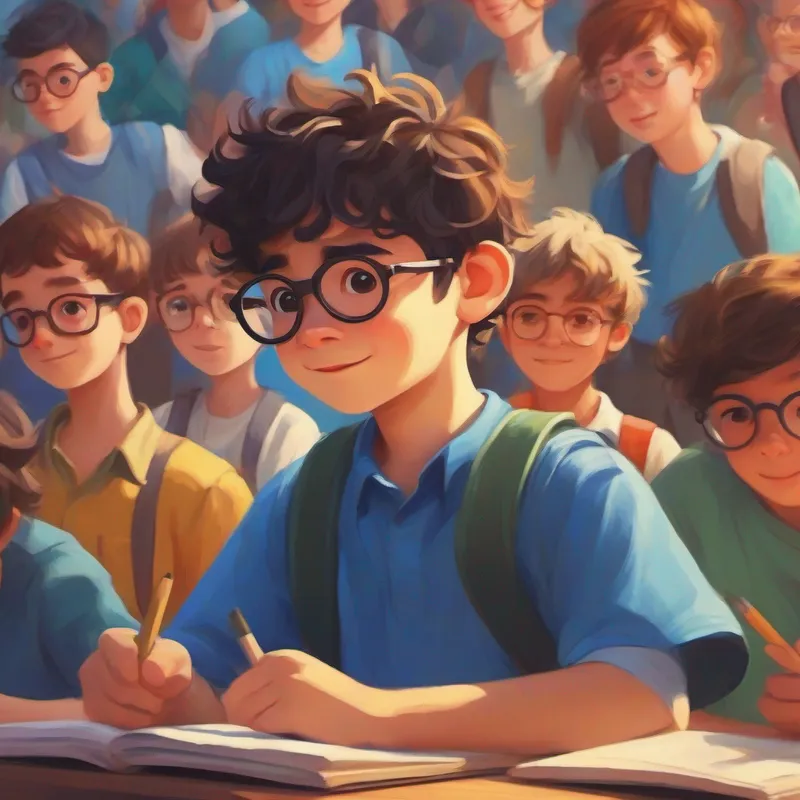 Boy with autism, kind, wears glasses, blue shirt, messy hair feeling happier with supportive classmates creating an inclusive space.