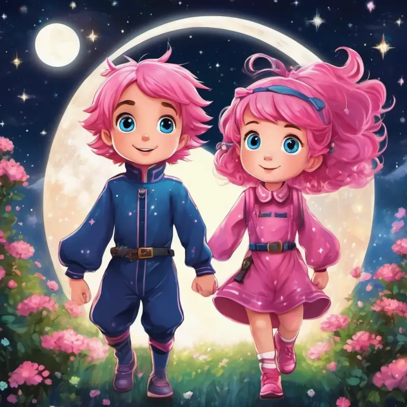 The story begins in a magical land with Pink hair, blue eyes, sparkly pink dress (10 words max) and Black hair, mischievous eyes, racing suit of the night sky (10 words max), who are siblings. They have distinct talents and love each other.