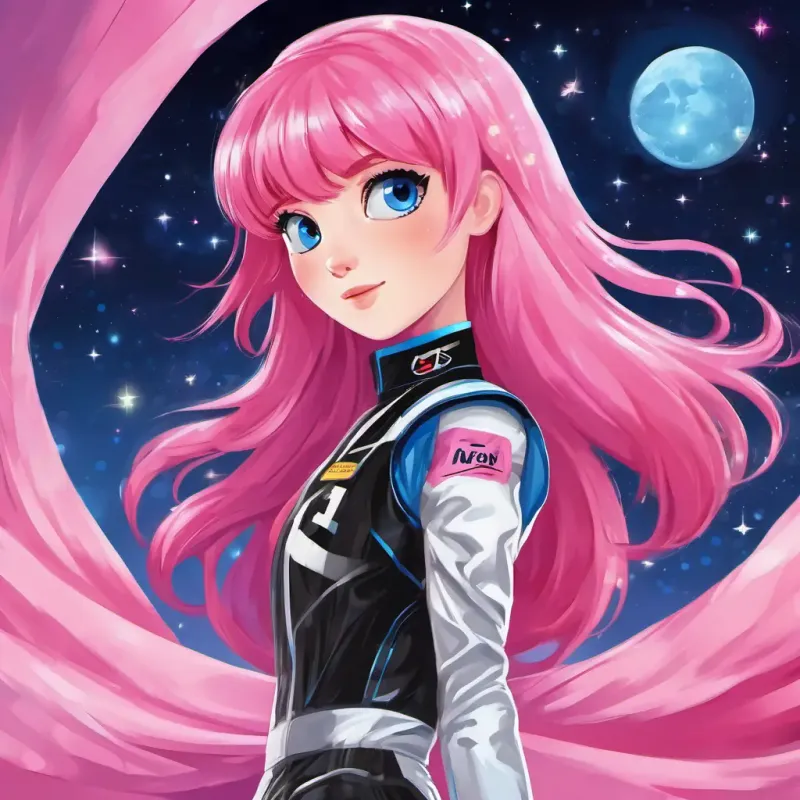 Pink hair, blue eyes, sparkly pink dress (10 words max) is described as having pink hair, blue eyes, and wearing a sparkly pink dress. Black hair, mischievous eyes, racing suit of the night sky (10 words max) has black hair, mischievous eyes, and wears a racing suit.