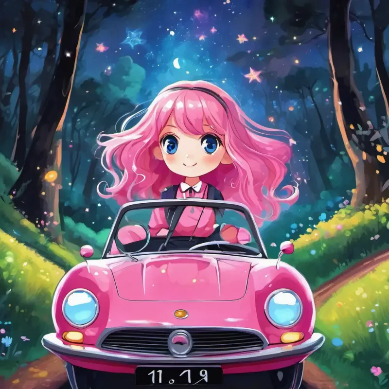 Pink hair, blue eyes, sparkly pink dress (10 words max) and Black hair, mischievous eyes, racing suit of the night sky (10 words max) embark on their adventure in Black hair, mischievous eyes, racing suit of the night sky (10 words max)'s invisible race car. They travel through the magical forest, singing, and laughing.