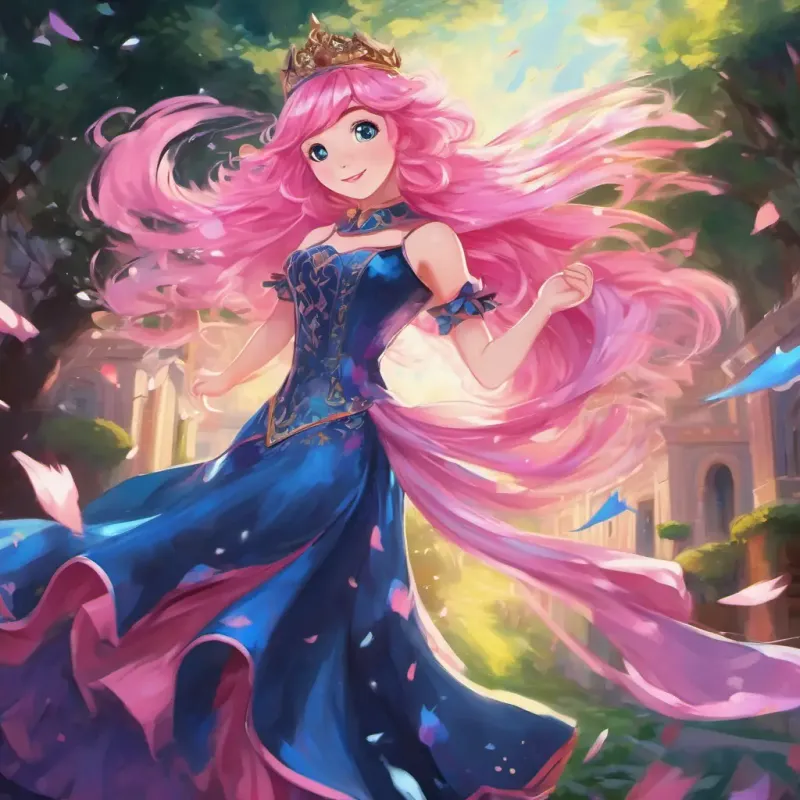 Pink hair, blue eyes, sparkly pink dress (10 words max)'s voice captivates the Enchanted Palace, while Black hair, mischievous eyes, racing suit of the night sky (10 words max)'s invisibility powers bring joy to the royal guards.