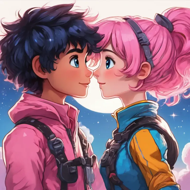Pink hair, blue eyes, sparkly pink dress (10 words max) and Black hair, mischievous eyes, racing suit of the night sky (10 words max) end their adventure, feeling tired yet content. They hold each other tight, looking forward to future adventures.