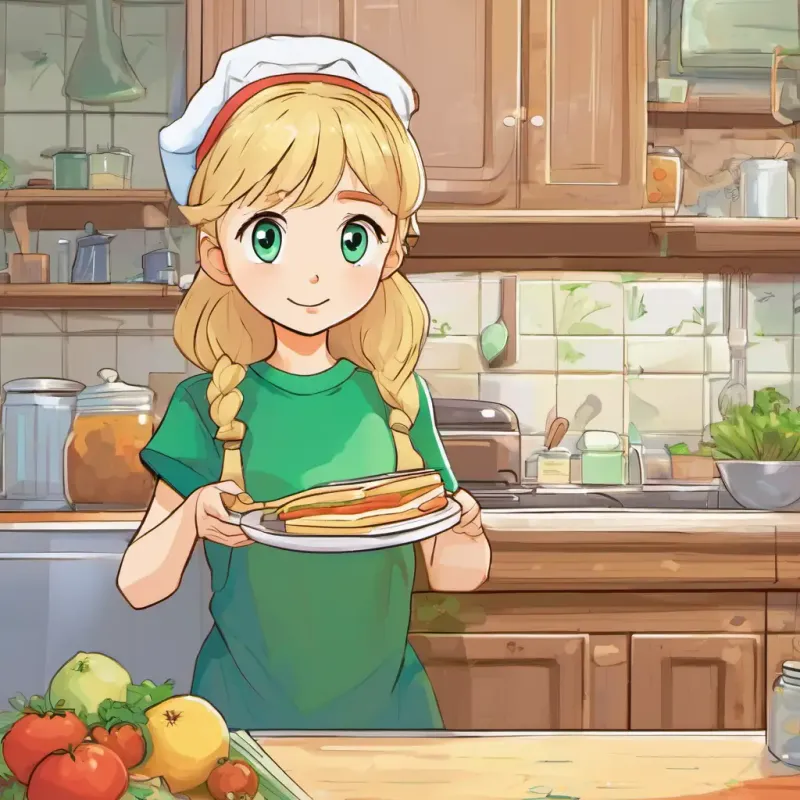 Kitchen, Blonde hair, blue eyes, inquisitive, Brown hair, green eyes, methodical, confidence in using a sandwich-making algorithm.