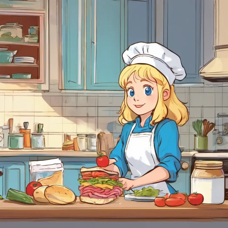 Kitchen, Blonde hair, blue eyes, inquisitive, stacking ingredients for sandwich, forgetting an important step.