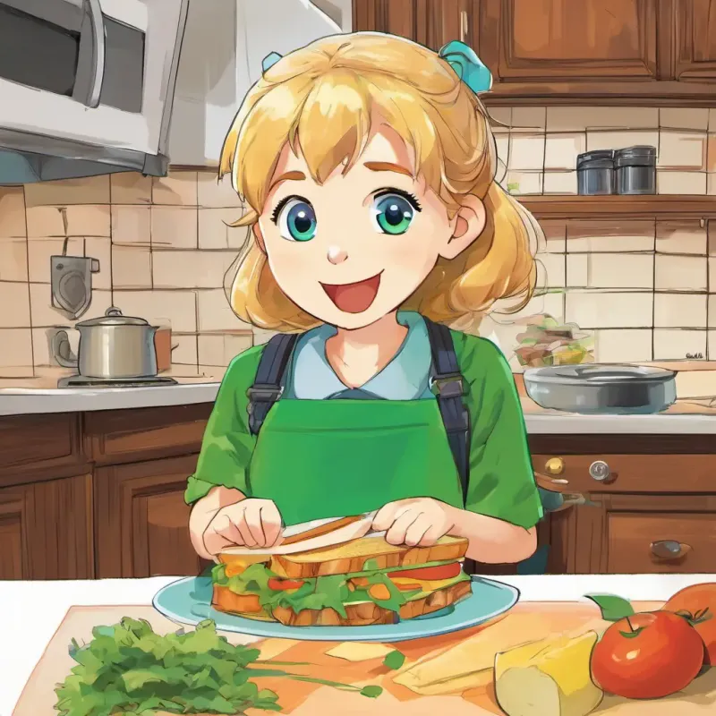 Kitchen, Blonde hair, blue eyes, inquisitive, Brown hair, green eyes, methodical, tasting the sandwich, emphasizing the importance of listening.