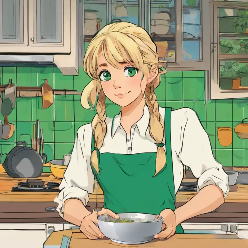 Kitchen, Blonde hair, blue eyes, inquisitive, Brown hair, green eyes, methodical, acknowledging the mistake and the need to follow the full algorithm.