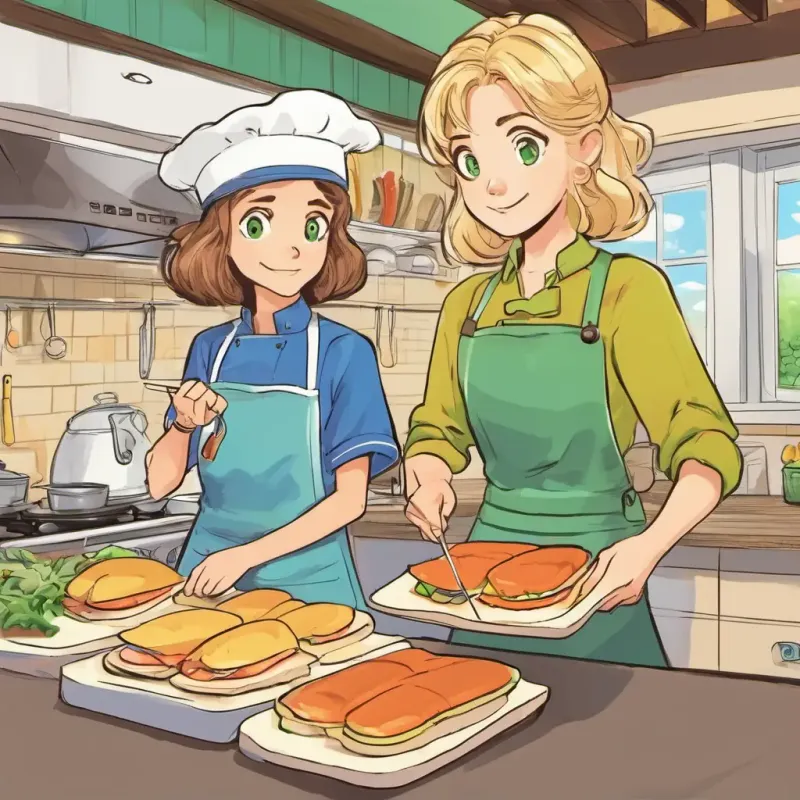 Kitchen, Blonde hair, blue eyes, inquisitive, Brown hair, green eyes, methodical, learning from the experience and working together to make the best sandwiches.